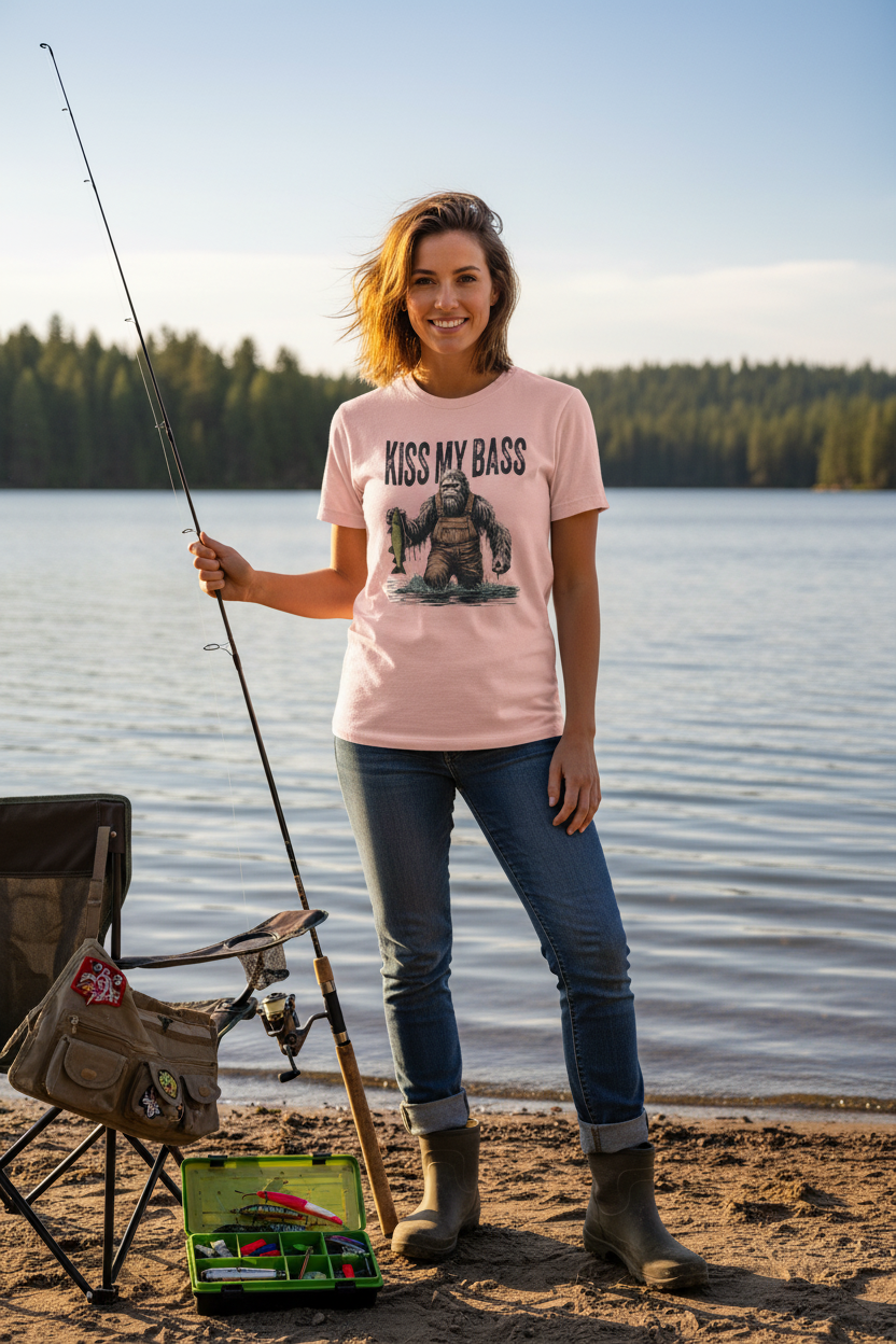 Woman in Light Pink Kiss My Bass Shirt