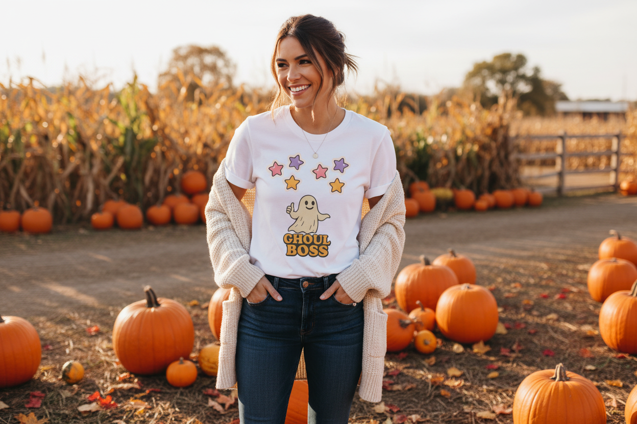 Woman in pumpkin patch or fall festival