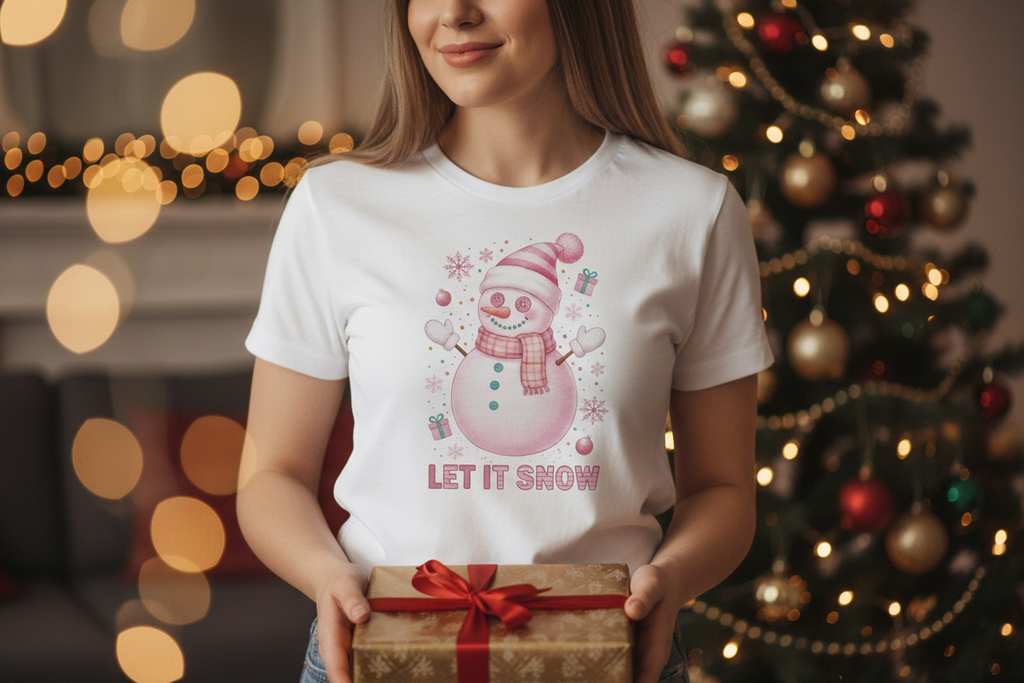 Woman near Christmas tree with wrapped gift