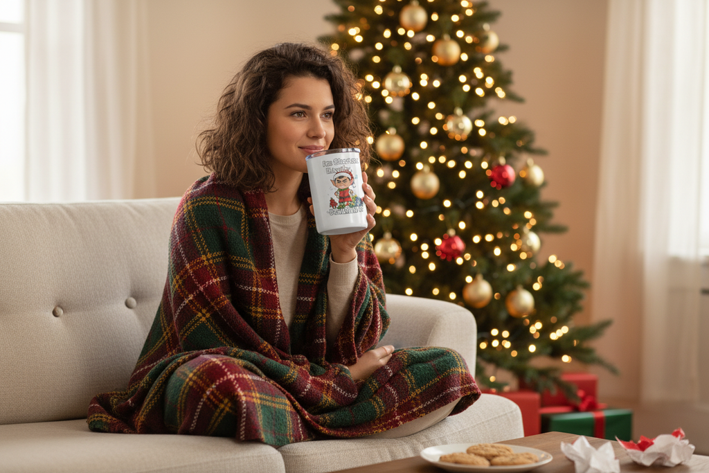 Woman on couch with cozy blanket and Christmas tree