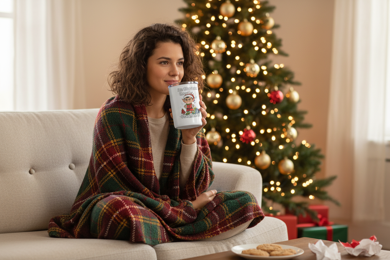 Woman on couch with cozy blanket and Christmas tree