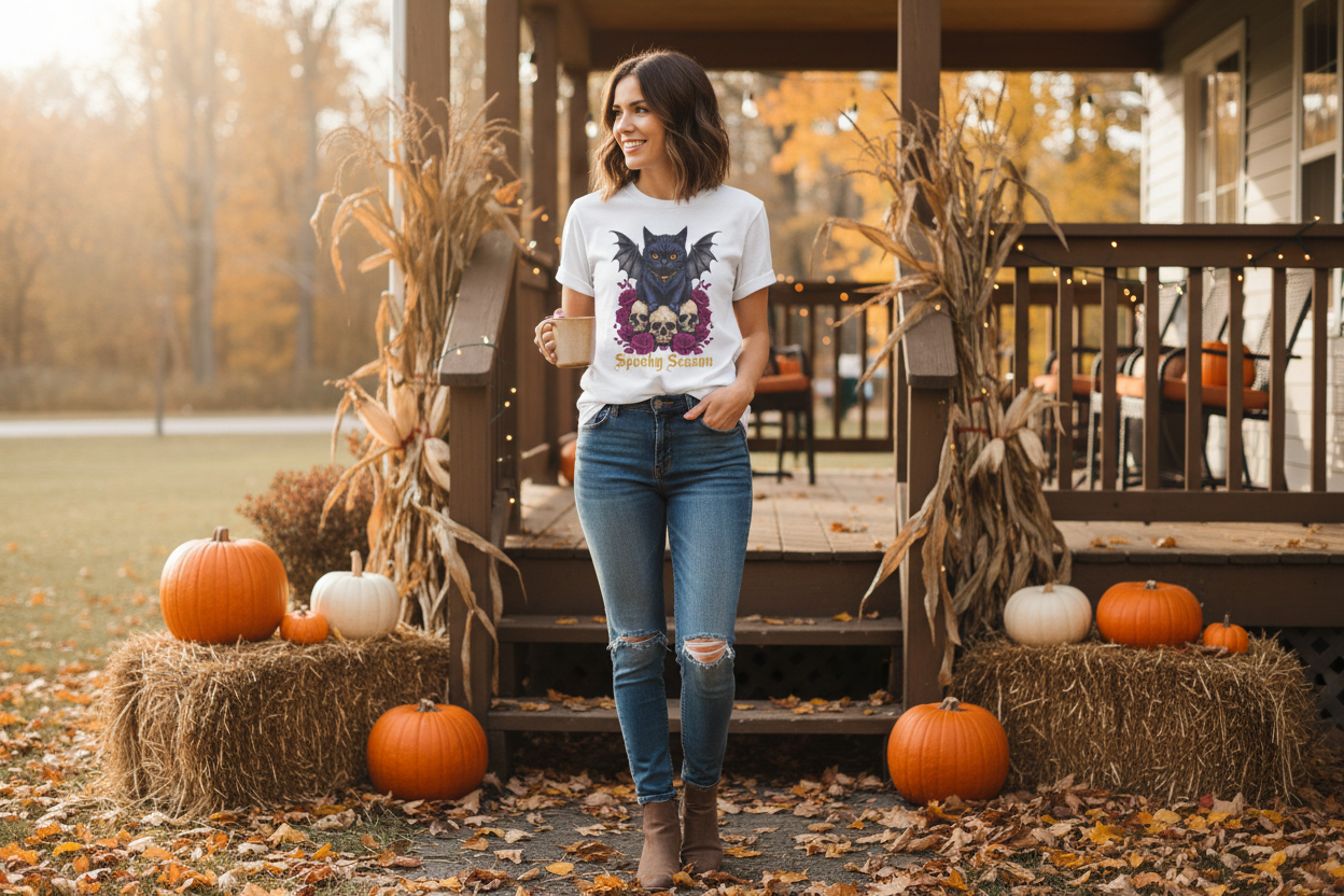Woman outdoors in autumn setting with fall decorations