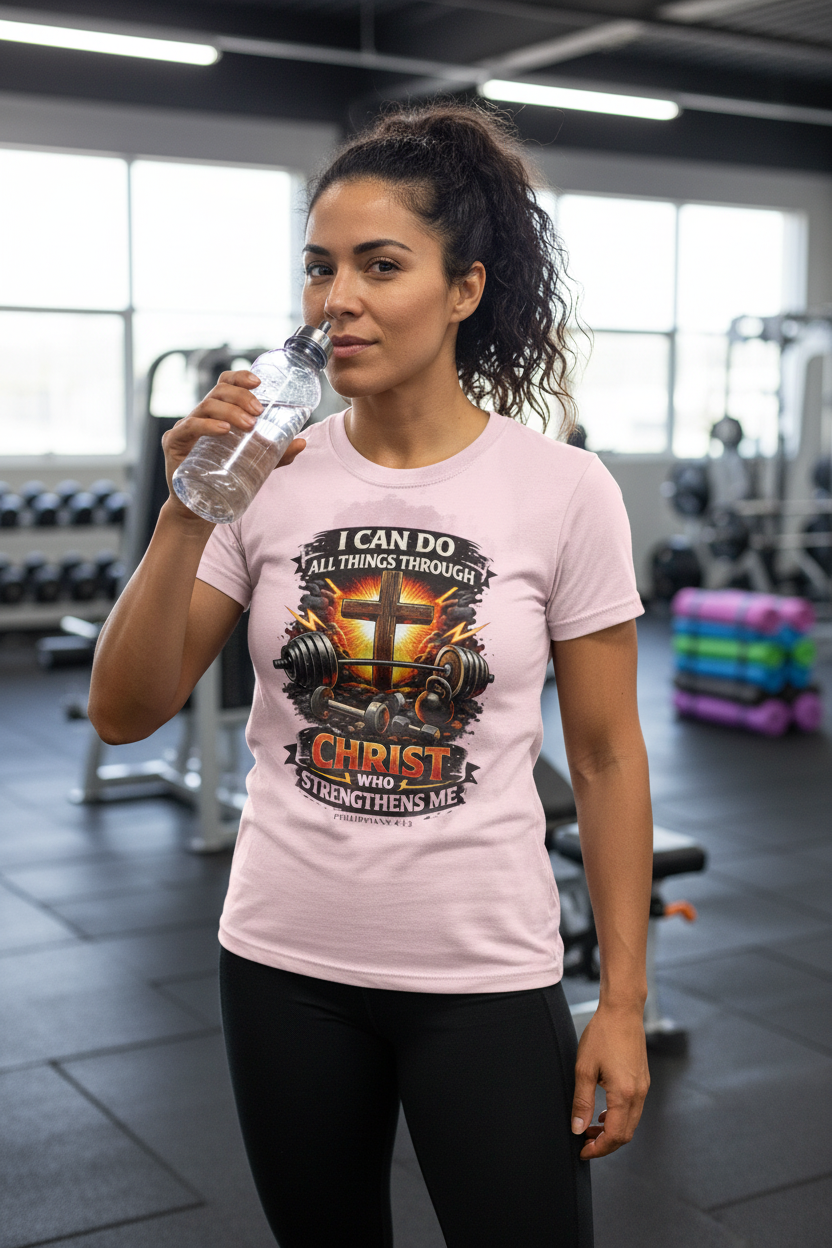 Woman post-workout in light pink Christian gym tee