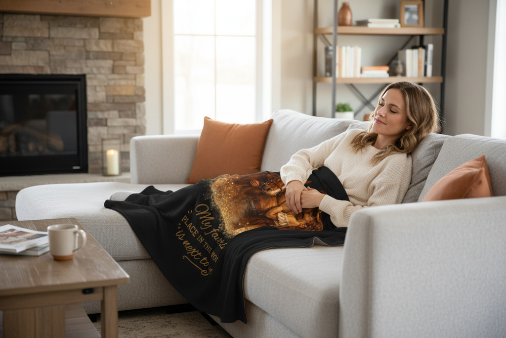 Woman relaxing on couch with blanket