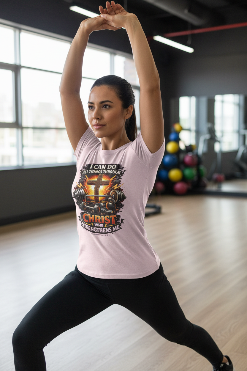 Woman stretching in light pink Christian gym tee