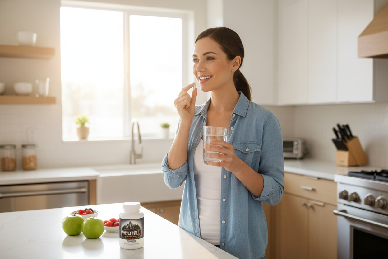 Woman taking Probiotic 40 in kitchen