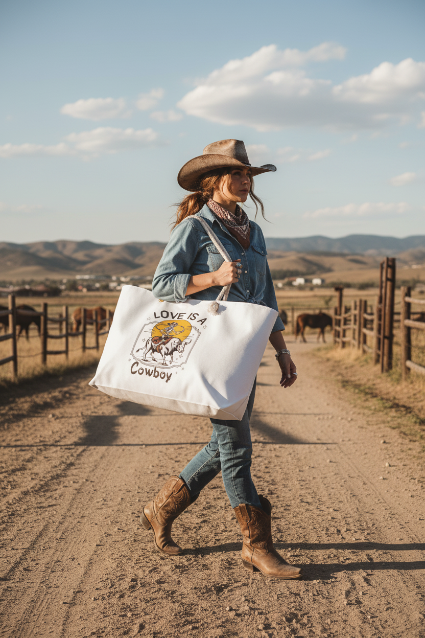Woman traveling with Love Is a Cowboy weekender bag