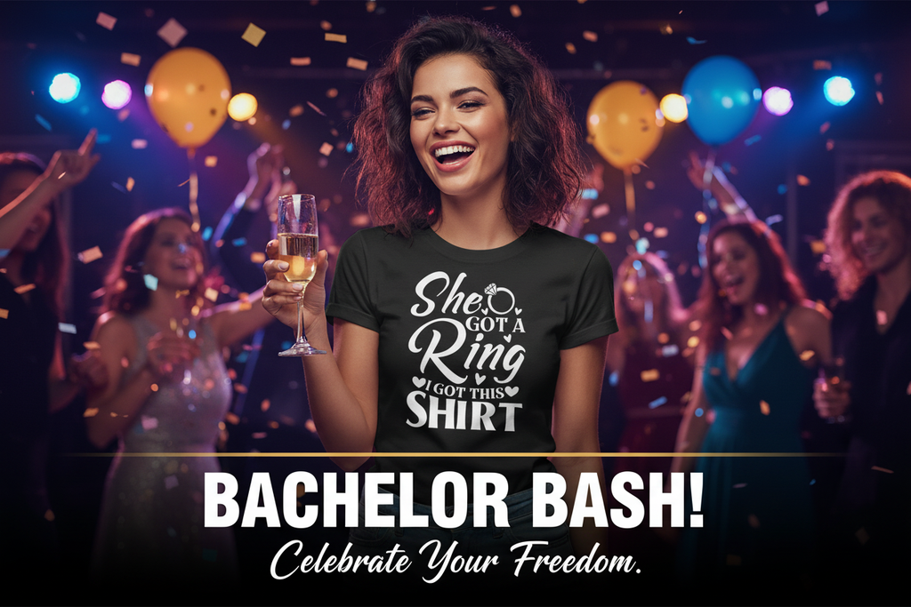 Woman wearing black She Got a Ring I Got This Shirt banner ad