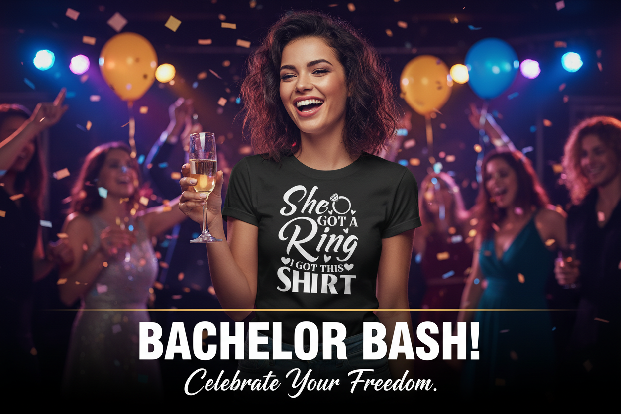 Woman wearing black She Got a Ring I Got This Shirt banner ad