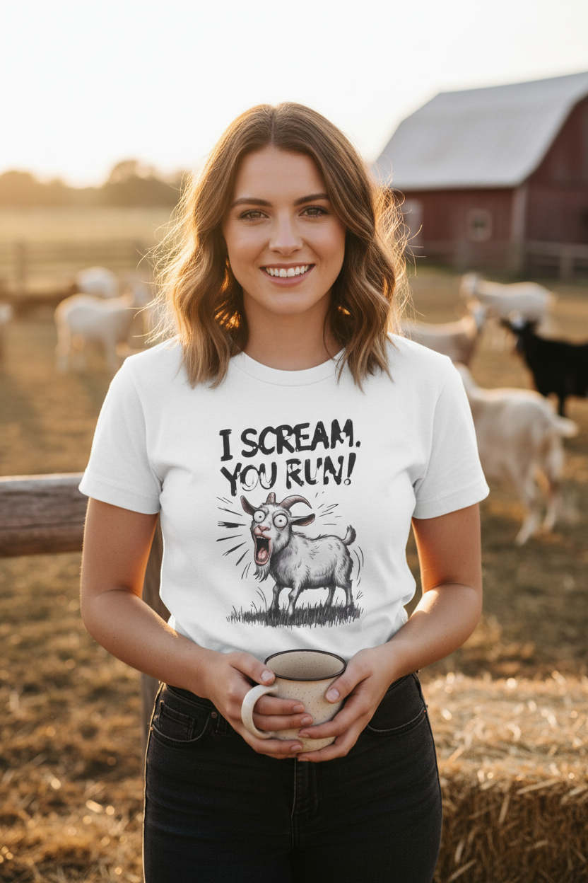 Woman Wearing I Scream You Run Goat T-Shirt