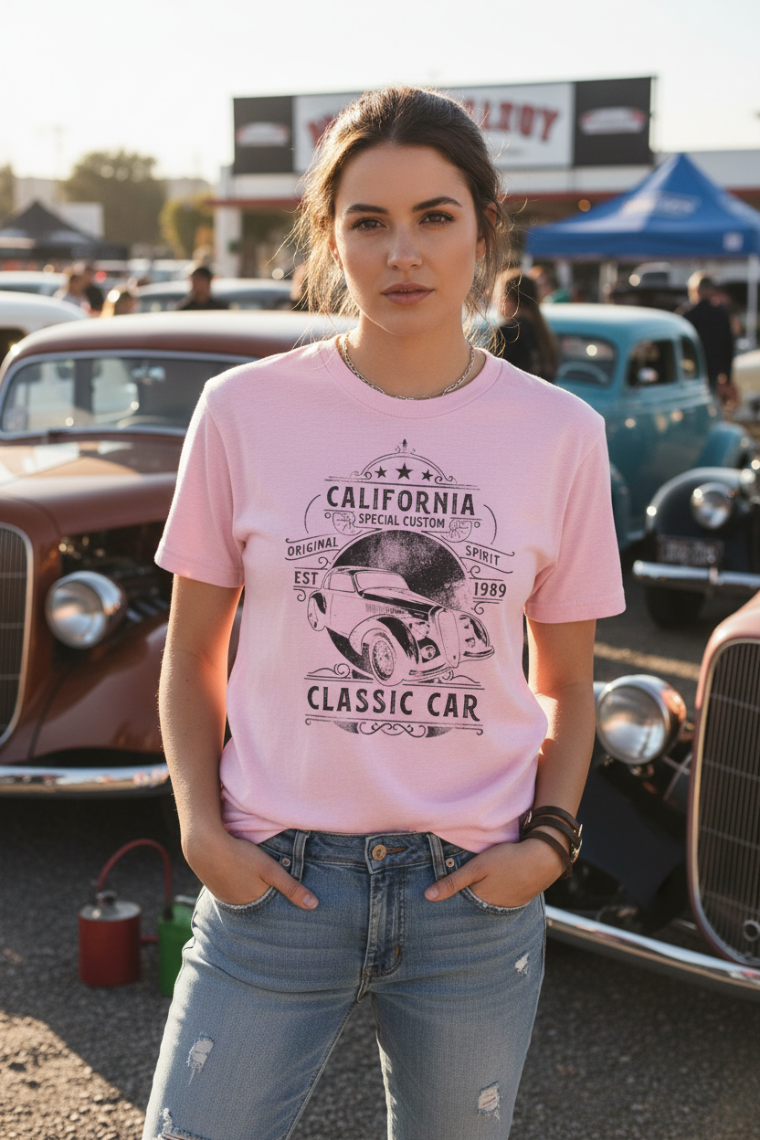 Woman wearing light pink California car club t-shirt
