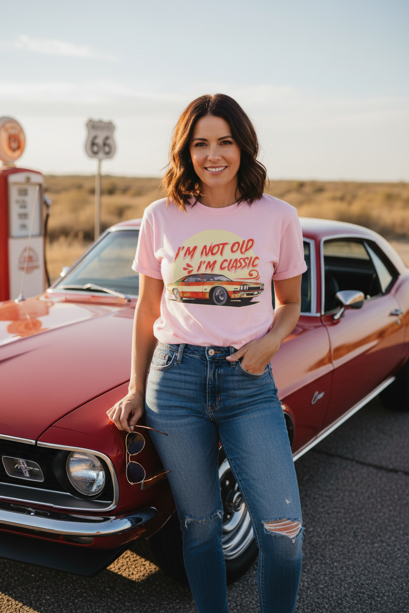 Woman wearing light pink I'm Not Old I'm Classic tee