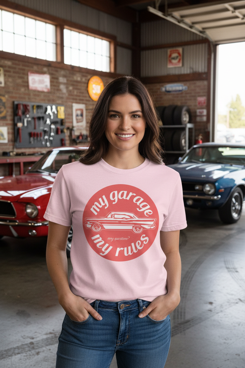 Woman wearing light pink My Garage My Rules tee