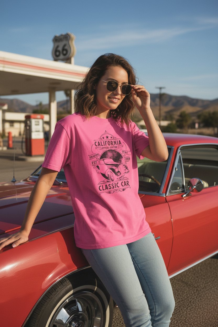 Woman wearing safety pink California car club t-shirt