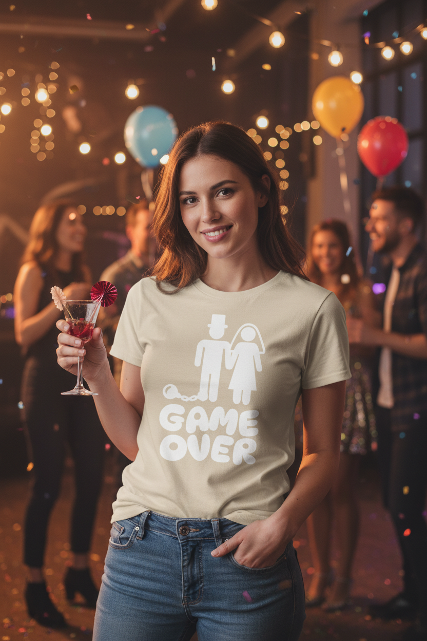 Woman wearing sand Game Over Bride & Groom tee