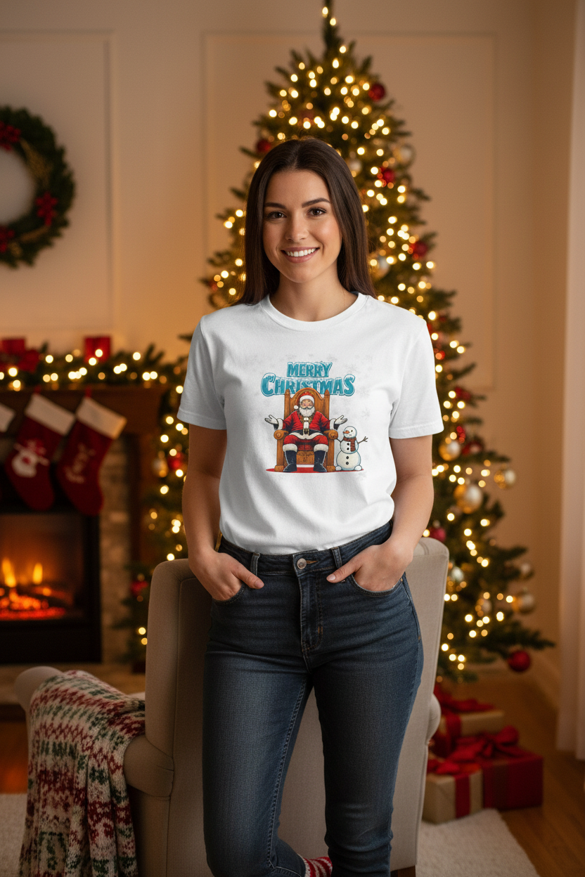 Woman Wearing Santa Snowman Christmas Tee