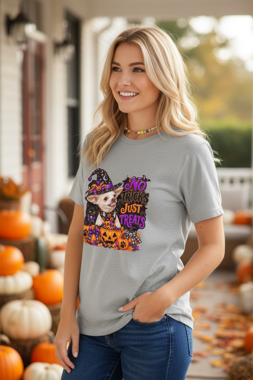Woman wearing the heather gray No Tricks Just Treats chihuahua tee