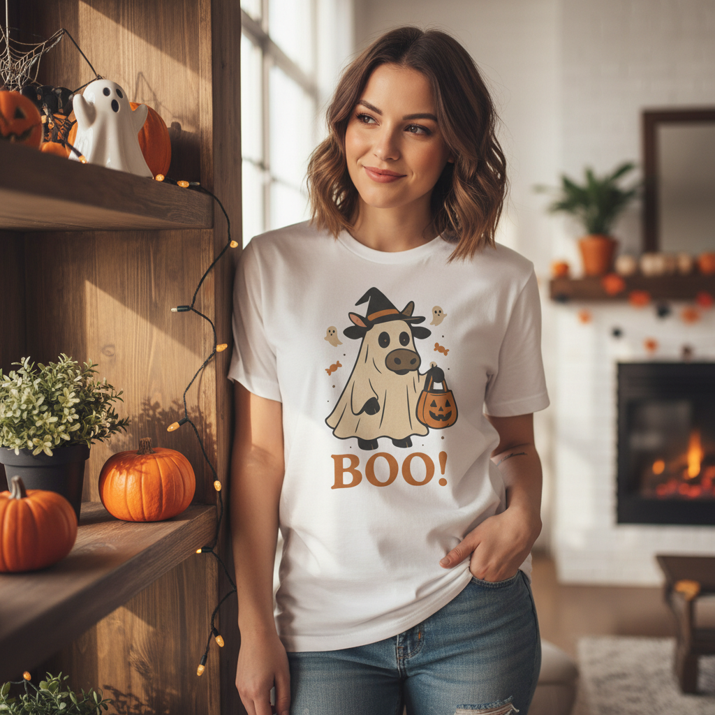 Woman wearing your Halloween Ghost Cow Tee