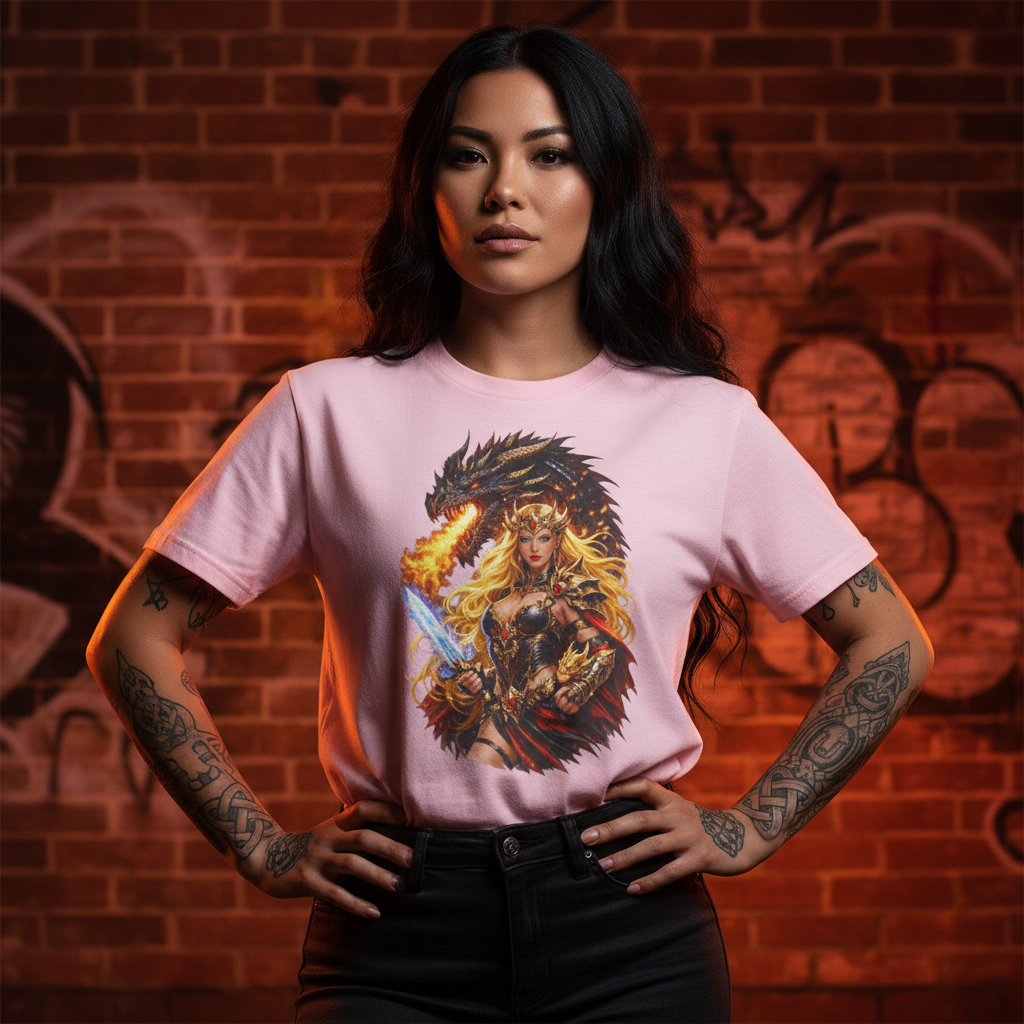 Woman with long black hair and tattoos wearing light pink shirt