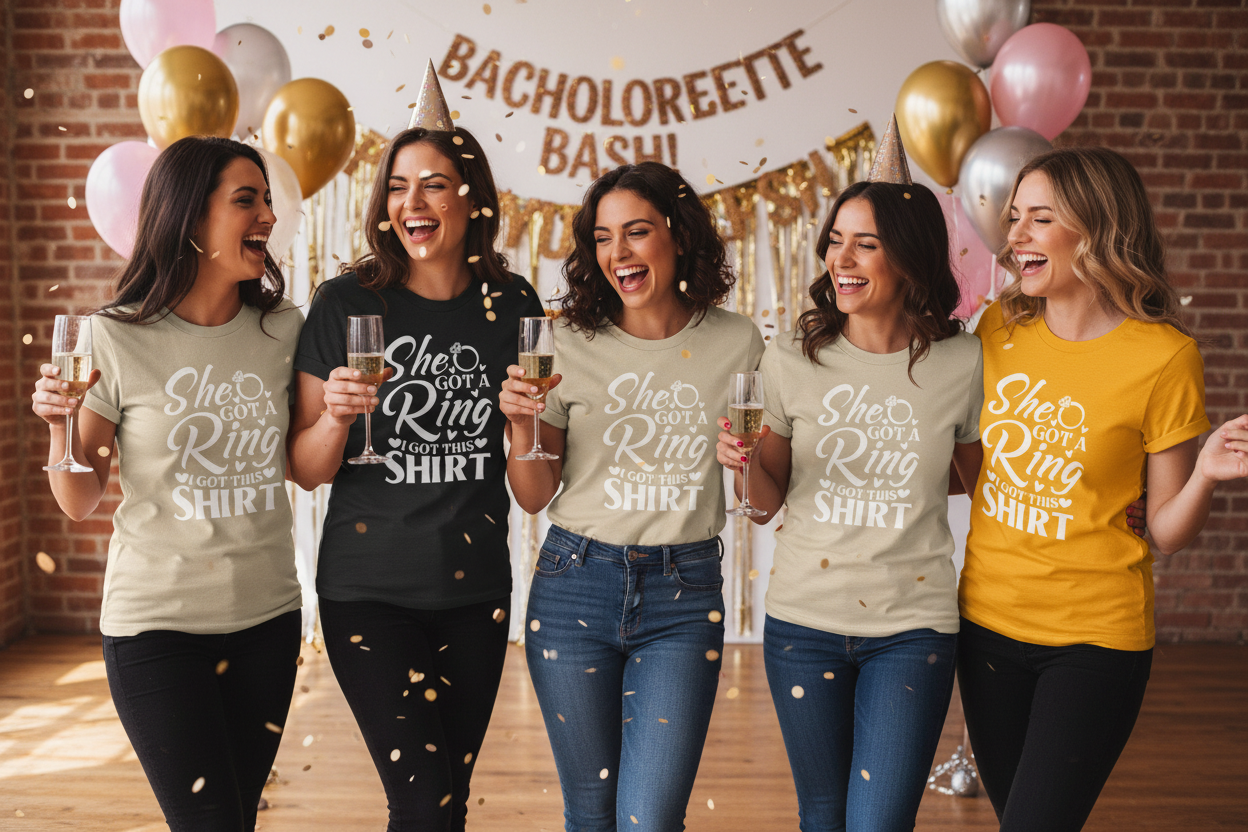 Women celebrating in charcoal, black, sand, and gold She Got a Ring I Got This Shirt tees