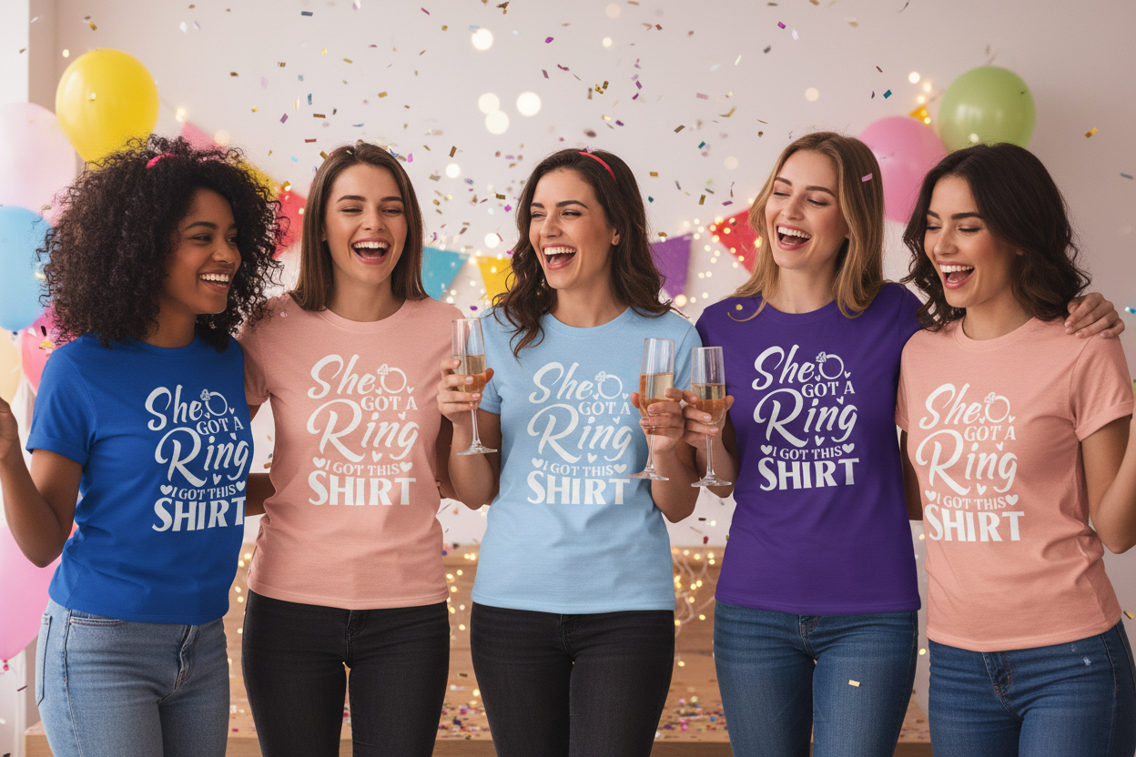 Women friends in various colored She Got a Ring I Got This Shirt tees