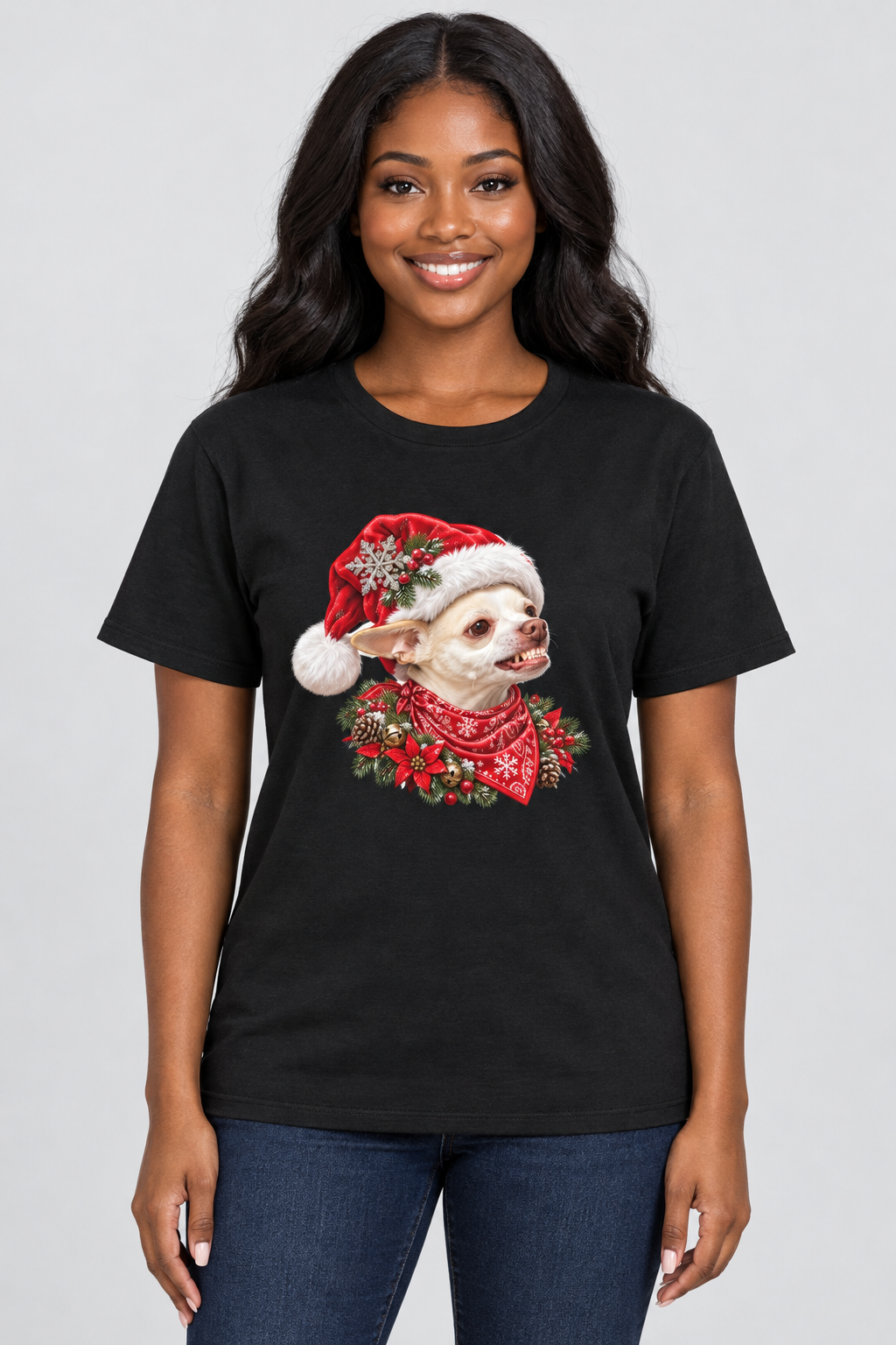 Young adult Black woman wearing the black Coco Christmas tee in a clean studio