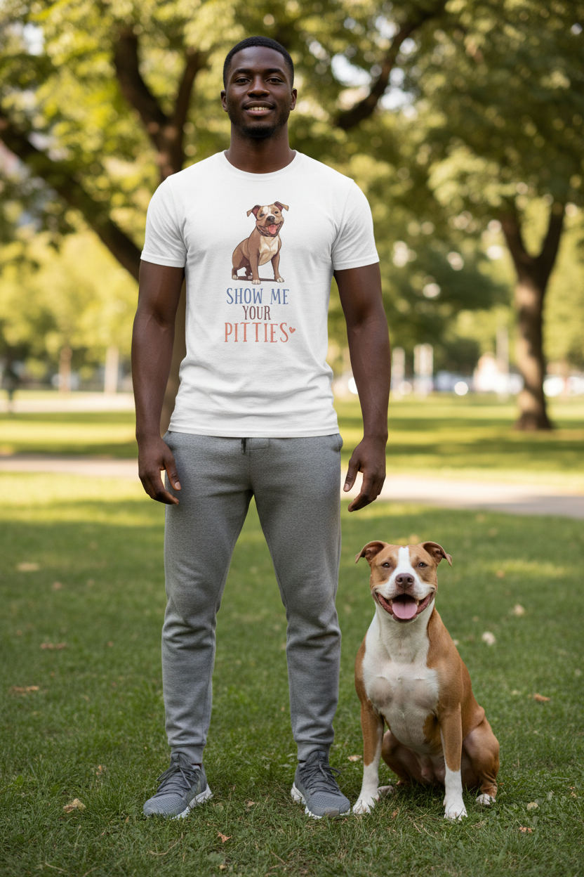 Young Black Man with Pitbull Wearing Pitties Shirt