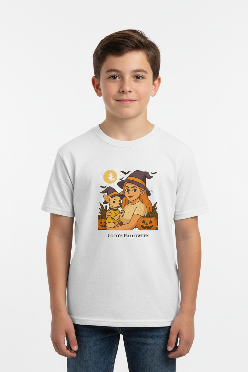 Young male model wearing Coco's Halloween tee, sharp studio shot