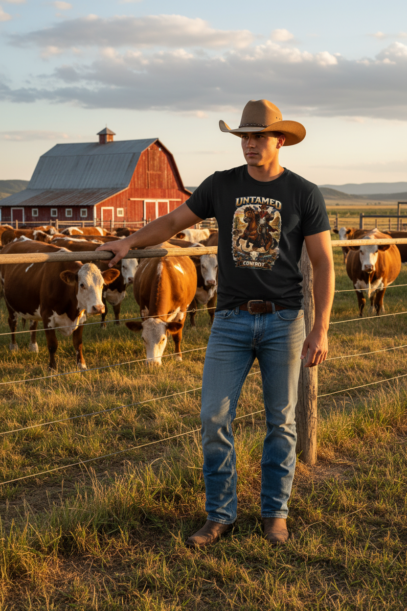 Young Man on Farm with Cows
