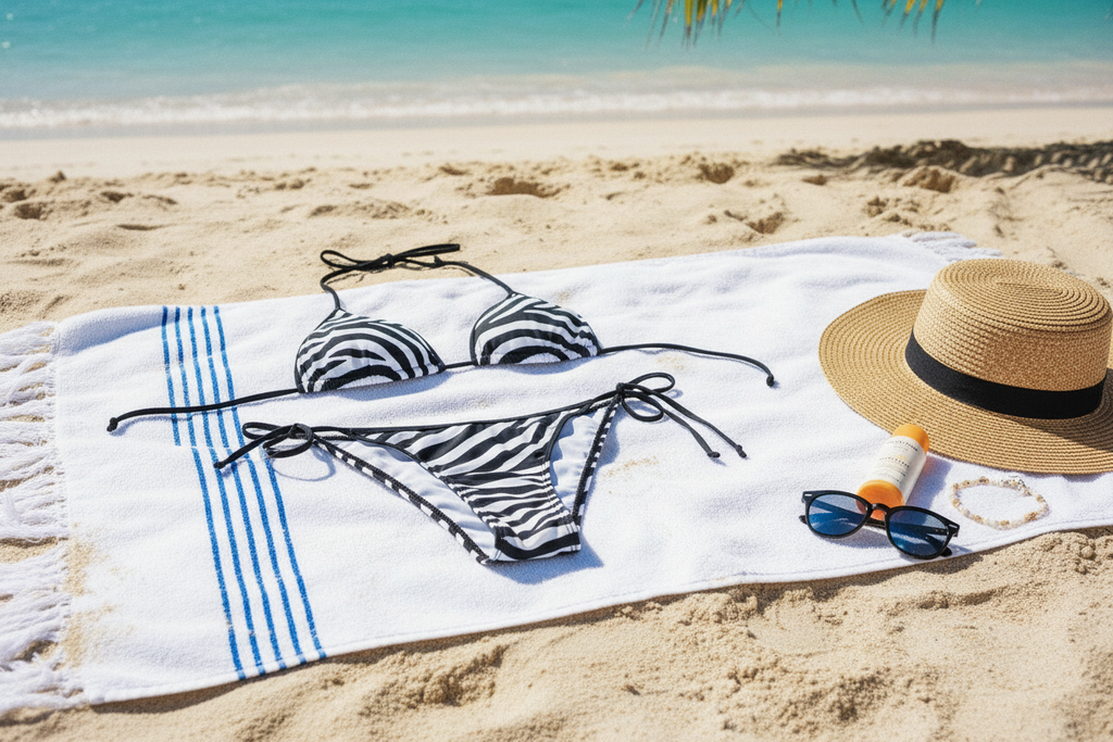 Zebra print bikini laid out on beach towel with beach vibes