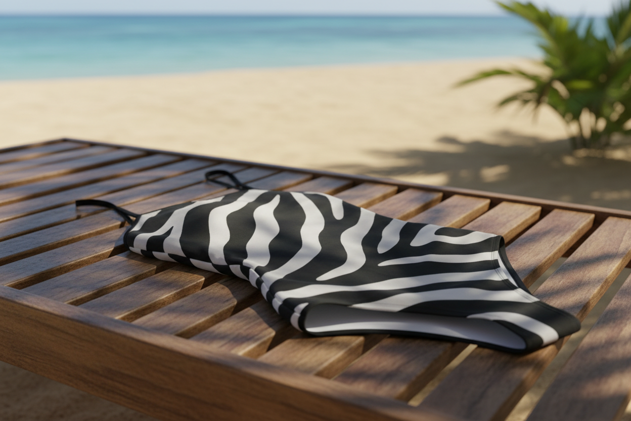 Zebra stripe swimsuit on beach chair close-up